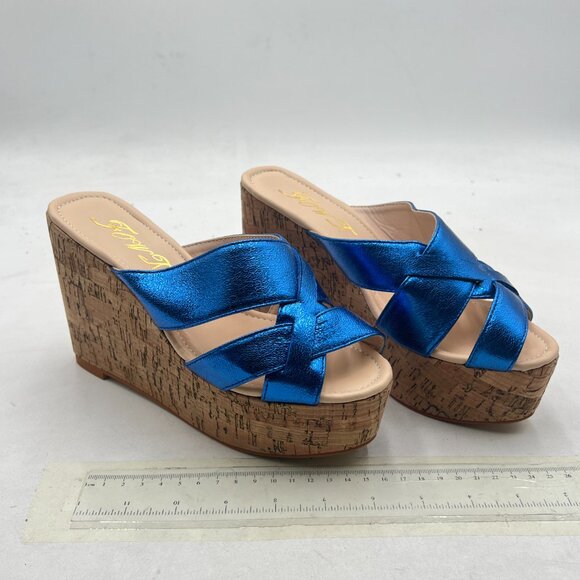 FOWT Blue Cork Wedge Sandals Cross Strappy High Platform Open Toe Slippers - Picture 4 of 8